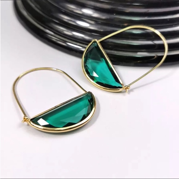 Green Glass Crescent Hoop Earrings - Picture 2 of 4